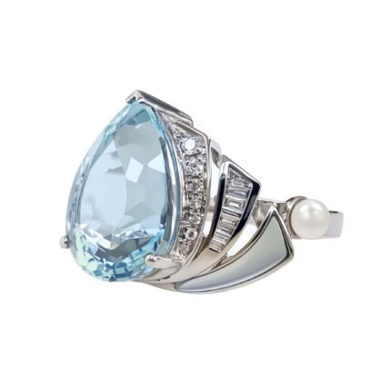 Original Design Pearl Natural Untreated High-Color Aquamarine 18K Gold Diamond & Mother-of-Pearl Ring