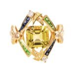Original Design Natural Untreated Beryl, Tsavorite & Sapphire 18K Gold Diamond Ring