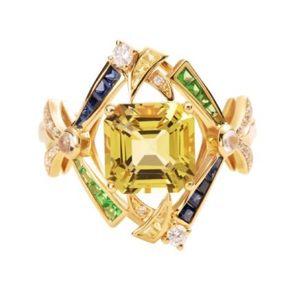 Original Design Natural Untreated Beryl, Tsavorite & Sapphire 18K Gold Diamond Ring