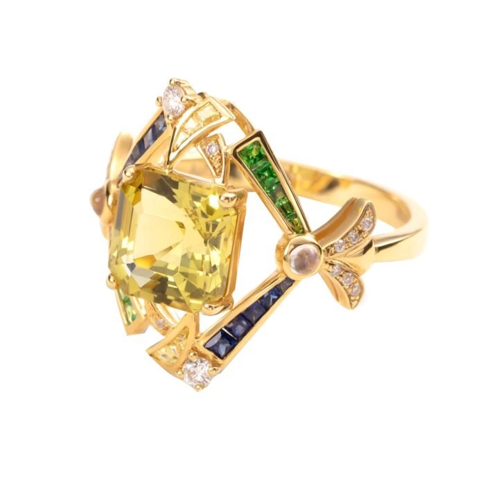 Original Design Natural Untreated Beryl, Tsavorite & Sapphire 18K Gold Diamond Ring