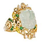 Global Fortune Original Design Natural Burma Type A Jadeite Pi Xiu 18K Gold Diamond Ring