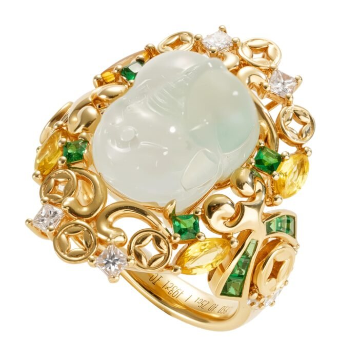Global Fortune Original Design Natural Burma Type A Jadeite Pi Xiu 18K Gold Diamond Ring