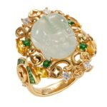 Global Fortune Original Design Natural Burma Type A Jadeite Pi Xiu 18K Gold Diamond Ring