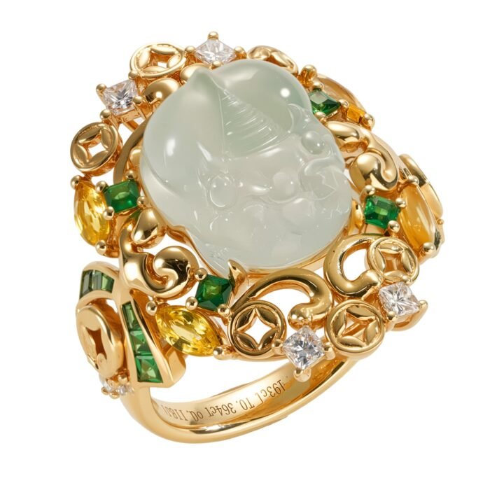 Global Fortune Original Design Natural Burma Type A Jadeite Pi Xiu 18K Gold Diamond Ring