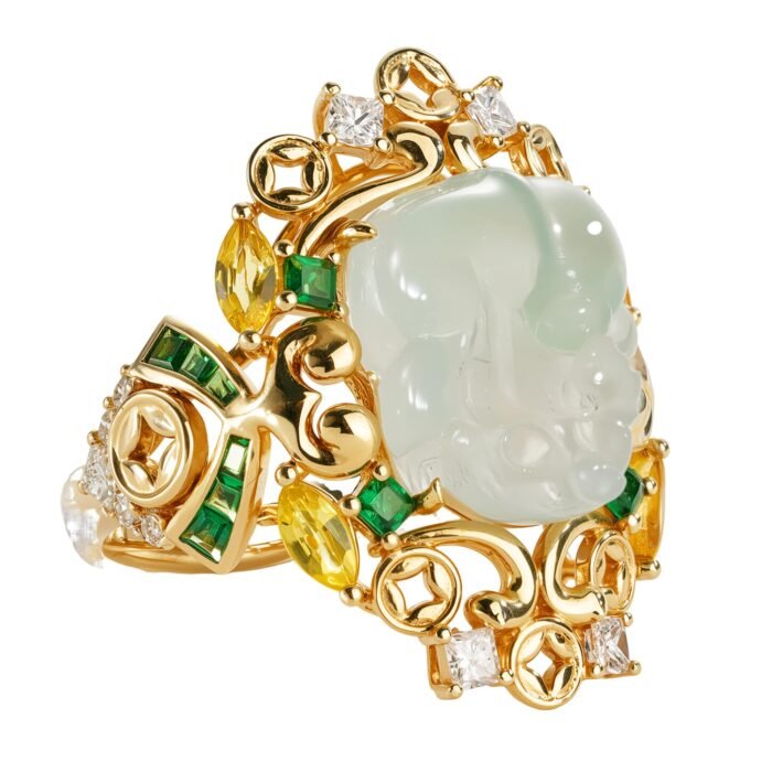 Global Fortune Original Design Natural Burma Type A Jadeite Pi Xiu 18K Gold Diamond Ring