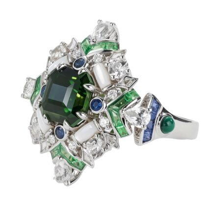 Natural Chrome Tourmaline 18K Gold Ring/Pendant with Diamonds, Mother-of-Pearl, and Tsavorite