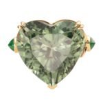 Original Design Natural 16ct+ Heart-Shaped Mint Green Afghan Tourmaline, Emerald & Sapphire 18K Gold Ring