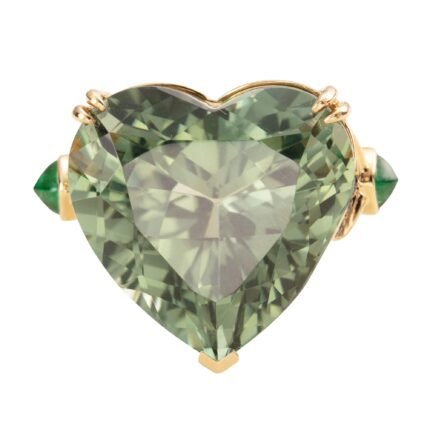 Original Design Natural 16ct+ Heart-Shaped Mint Green Afghan Tourmaline, Emerald & Sapphire 18K Gold Ring