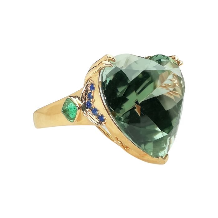 Original Design Natural 16ct+ Heart-Shaped Mint Green Afghan Tourmaline, Emerald & Sapphire 18K Gold Ring