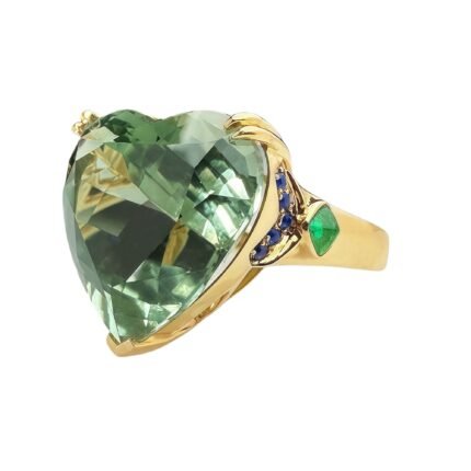 Original Design Natural 16ct+ Heart-Shaped Mint Green Afghan Tourmaline, Emerald & Sapphire 18K Gold Ring