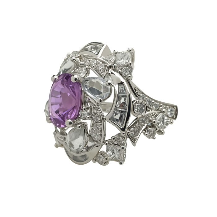 Original Design Interstellar Natural Untreated Purple Sapphire 18K Gold Diamond Ring