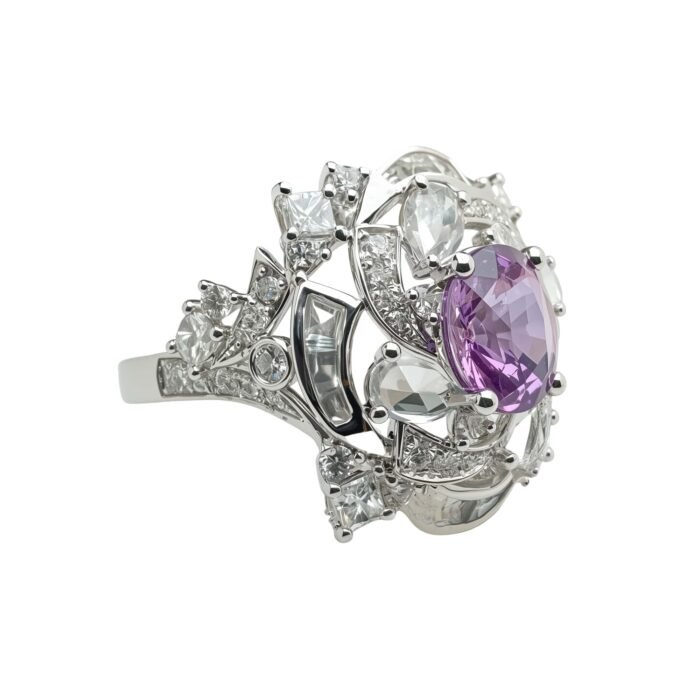 Original Design Interstellar Natural Untreated Purple Sapphire 18K Gold Diamond Ring