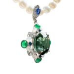 Natural Blue-Green Afghan Tourmaline, Emerald, Sapphire & Mother-of-Pearl 18K Gold Pendant