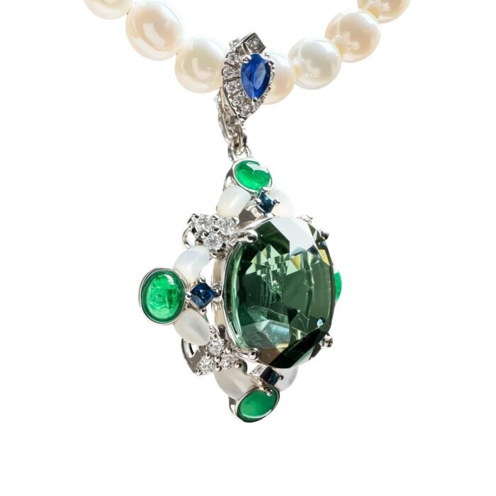 Natural Blue-Green Afghan Tourmaline, Emerald, Sapphire & Mother-of-Pearl 18K Gold Pendant