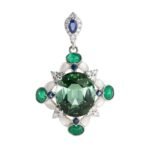 Natural Blue-Green Afghan Tourmaline, Emerald, Sapphire & Mother-of-Pearl 18K Gold Pendant