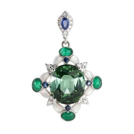 Natural Blue-Green Afghan Tourmaline, Emerald, Sapphire & Mother-of-Pearl 18K Gold Pendant