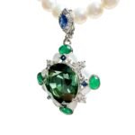 Natural Blue-Green Afghan Tourmaline, Emerald, Sapphire & Mother-of-Pearl 18K Gold Pendant