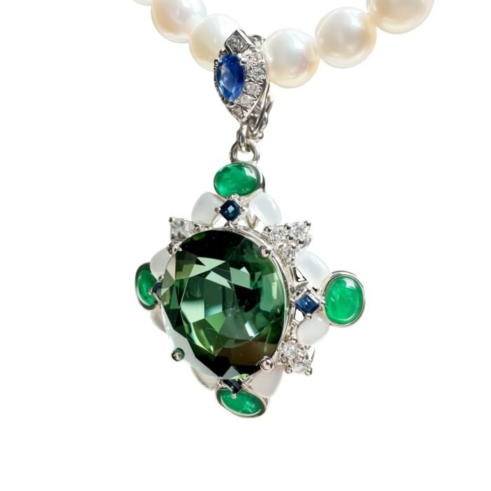 Natural Blue-Green Afghan Tourmaline, Emerald, Sapphire & Mother-of-Pearl 18K Gold Pendant