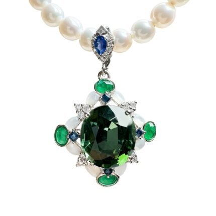 Natural Blue-Green Afghan Tourmaline, Emerald, Sapphire & Mother-of-Pearl 18K Gold Pendant