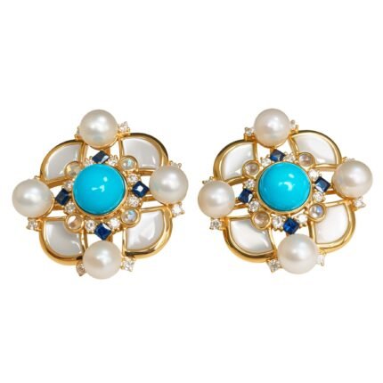 Enchanted Original Natural Sleep Beauty Turquoise 18K Gold Diamond, Mother-of-Pearl & Pearl Earring