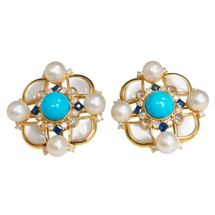 Enchanted Original Natural Sleep Beauty Turquoise 18K Gold Diamond, Mother-of-Pearl & Pearl Earring