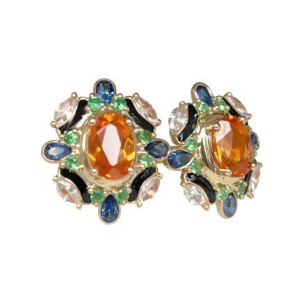 Original Leopard Rich Natural Mandarin Garnet 18K Gold Enamel Tsavorite Earrings