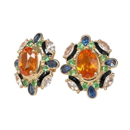Original Leopard Rich Natural Mandarin Garnet 18K Gold Enamel Tsavorite Earrings